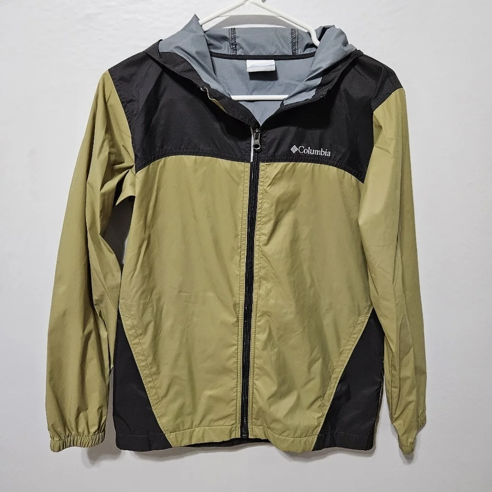 Columbia Youth L 14-16 Hooded Windbreaker Tan Dk Grey Blk Zip Up Nylon B15